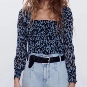 2/25 Zara Cropped Smocked Square Neck Top Shirt Blouse Prairie Cottage Core NEE